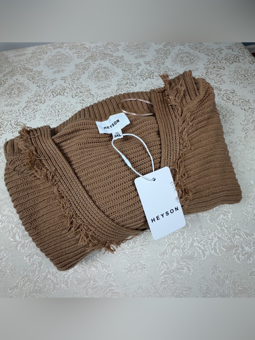 HEYSON Ribbed Fringe Knit Sweater - Camel Brown 3XL NWT
